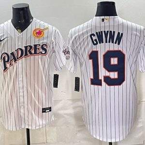 Padres #19 Tony Gwynn White Pinstripe Throwback Patch Baseball Jersey New Cool Base Stitched MLB Jersey KK043 – 2026–27