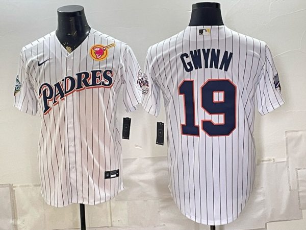 Padres #19 Tony Gwynn White Pinstripe Throwback Patch Baseball Jersey New Cool Base Stitched MLB Jersey KK043 – 2026–27