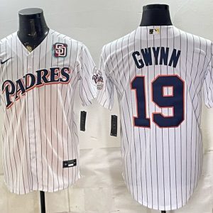 Padres #19 Tony Gwynn White Pinstripe Throwback Patch Baseball Jersey New Cool Base Stitched MLB Jersey KK044 – 2026–27
