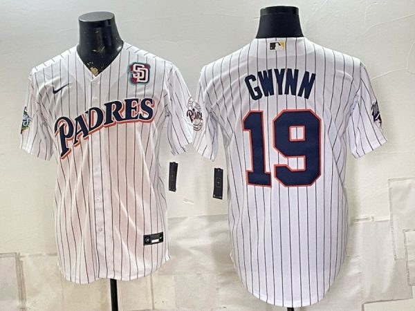 Padres #19 Tony Gwynn White Pinstripe Throwback Patch Baseball Jersey New Cool Base Stitched MLB Jersey KK044 – 2026–27