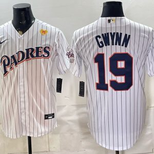 Padres #19 Tony Gwynn White Pinstripe Throwback Patch Baseball Jersey New Cool Base Stitched MLB Jersey KK045 – 2026–27