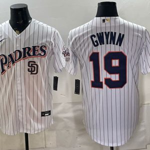 Padres #19 Tony Gwynn White Pinstripe Throwback Patch Baseball Jersey New Cool Base Stitched MLB Jersey KK046 – 2026–27