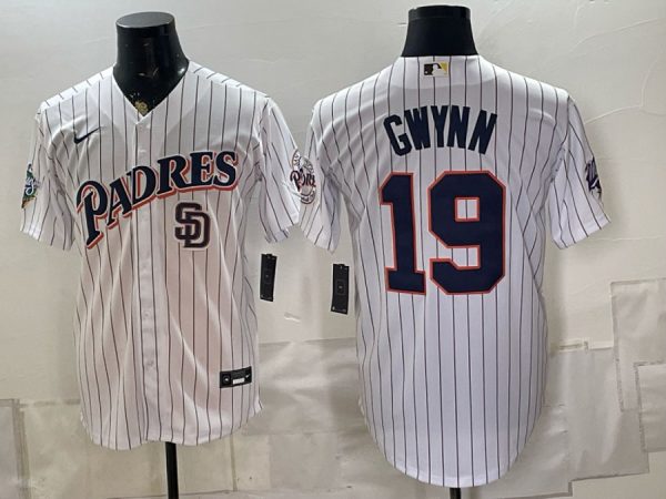 Padres #19 Tony Gwynn White Pinstripe Throwback Patch Baseball Jersey New Cool Base Stitched MLB Jersey KK046 – 2026–27