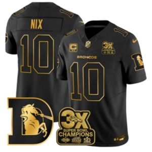 Broncos #10 Bo Nix Navy Blue and Gold Championship Football Jersey Men’s Stitched NFL Elite Jersey KK008 – 2026–27
