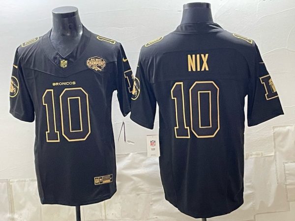 Broncos #10 Bo Nix Navy Blue and Gold Championship Football Jersey Men’s Stitched NFL Elite Jersey KK009 – 2026–27